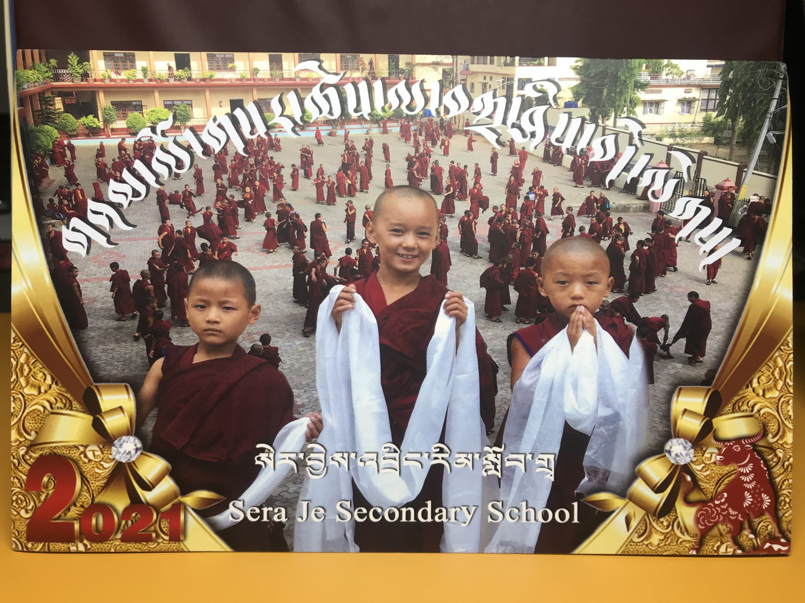 young monks at sera je secondary school in India offering kata scarves and wishing us a happy losar tibetan new year